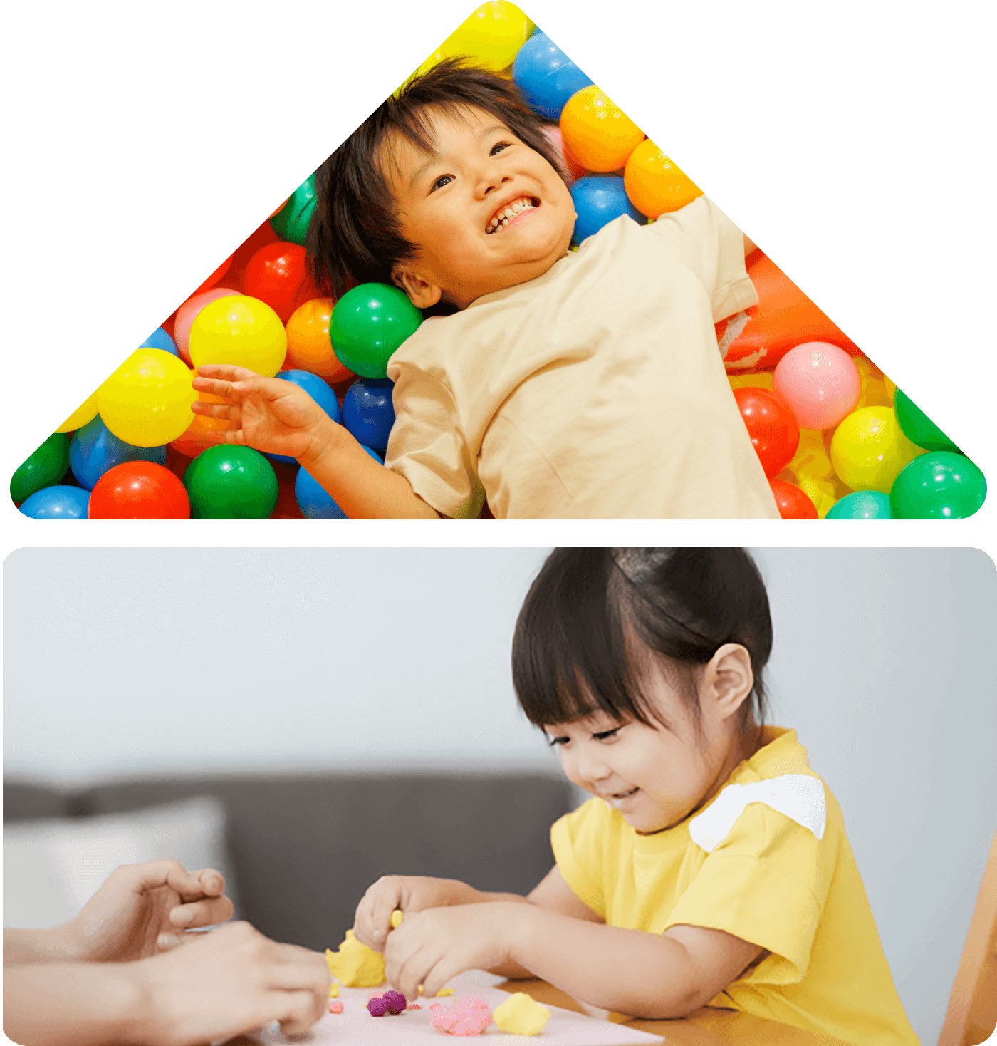 カラフルなボールプールの中で仰向けになり、楽しそうに笑っている男の子と女の子が、テーブルの上で粘土遊びをしている様子